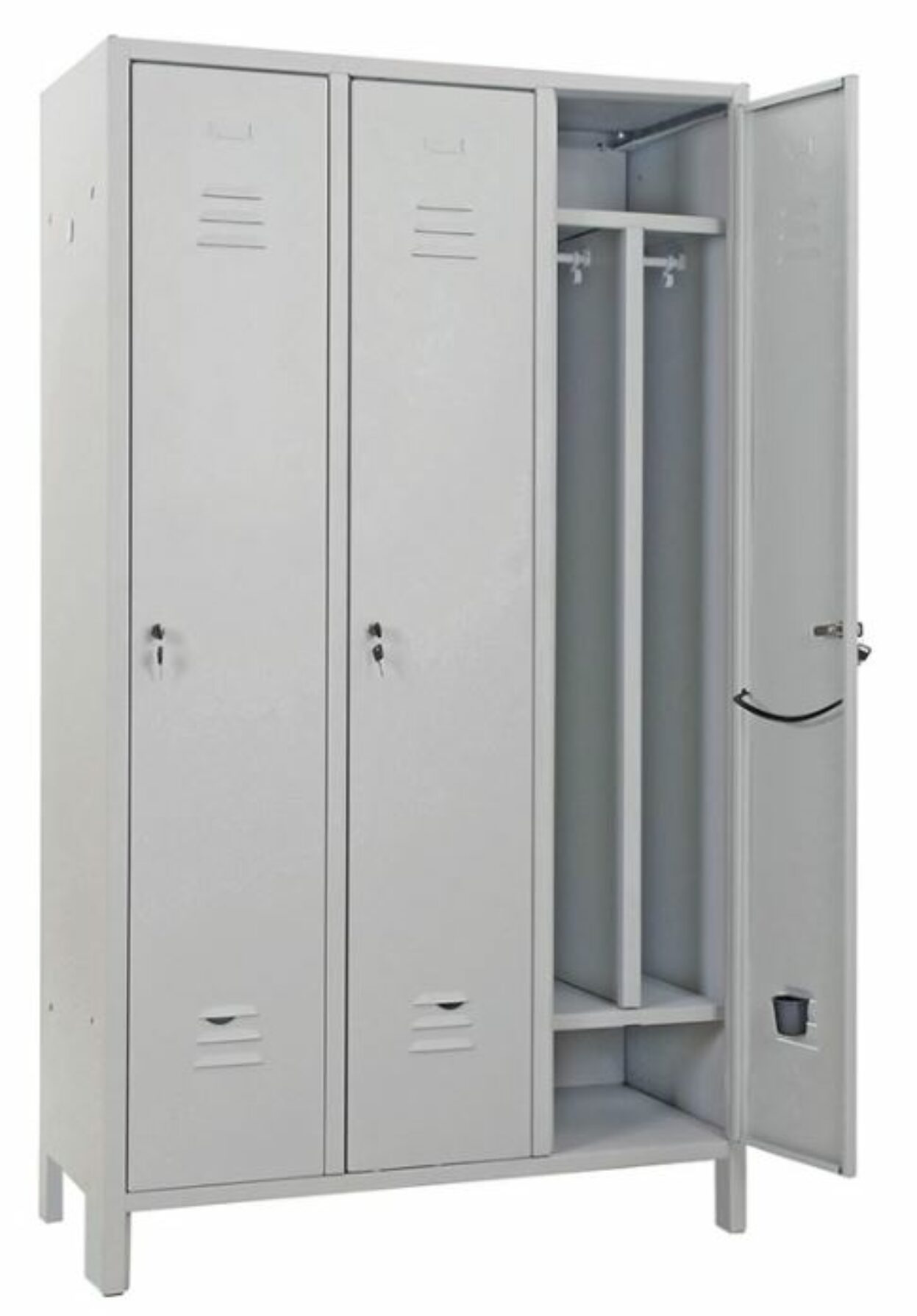 Spogliatoio metallo monoblocco SPORCO PULITO 3 posti SLIM con Divisorio Portascarpe – Maniglia lucchettabile (escluso lucchetto)