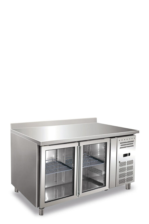 Tavolo refrigerato due ante, porte vetro ventilato. Temperatura normale