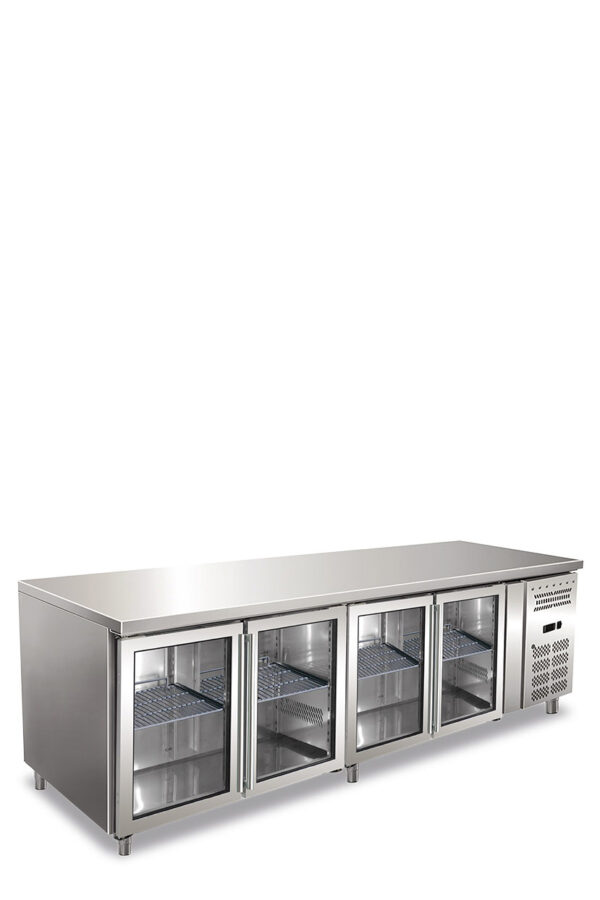 Tavolo refrigerato quattro ante, porte vetro ventilato. Temperatura normale