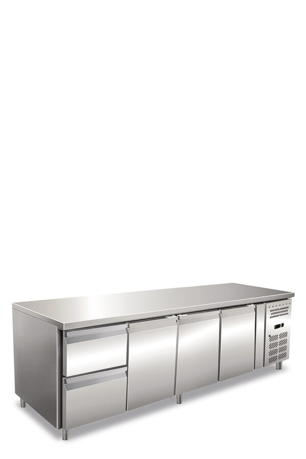 Tavolo refrigerato quattro ante ventilato. Temperatura normale. 
Versione con 1 Cassettiera refrigerata da N.2 Cassetti da 1/2