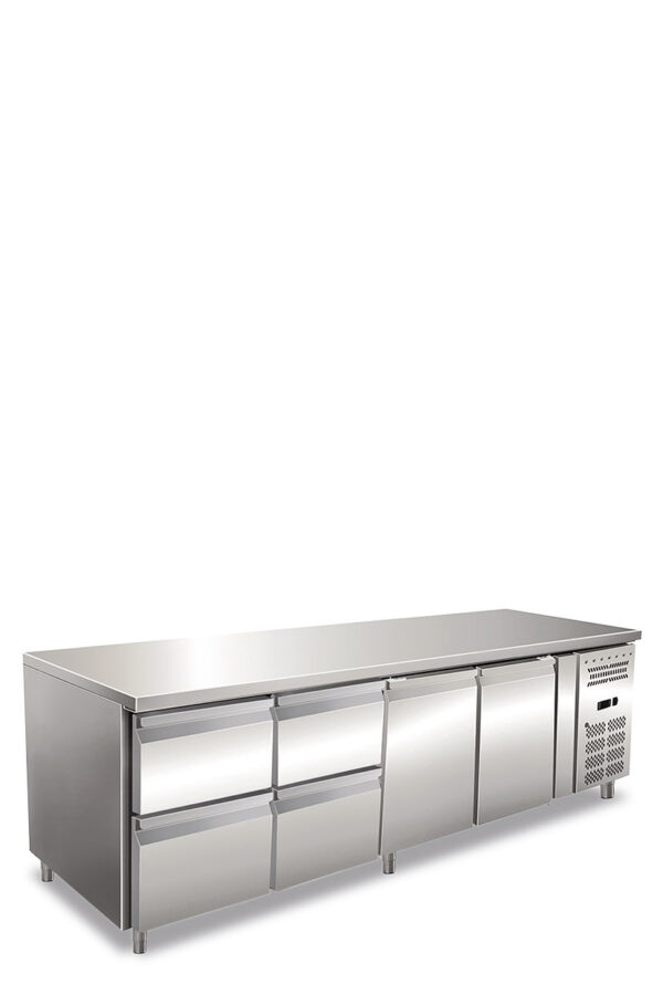 Tavolo refrigerato quattro ante ventilato. Temperatura normale.
Versione con 2 Cassettiere refrigerate da N.2 Cassetti da 1/2