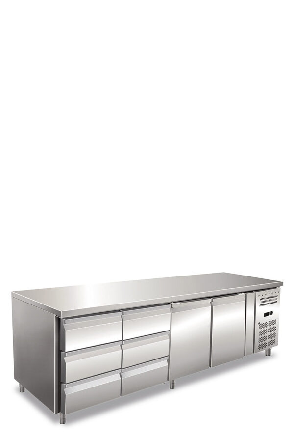 Tavolo refrigerato quattro ante ventilato. Temperatura normale.
Versione con 2 Cassettiere refrigerate da N.3 Cassetti da 1/3