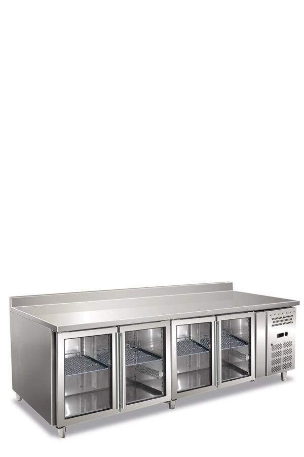 Tavolo refrigerato quattro ante con alzatina, porte vetro ventilato.
Temperatura normale