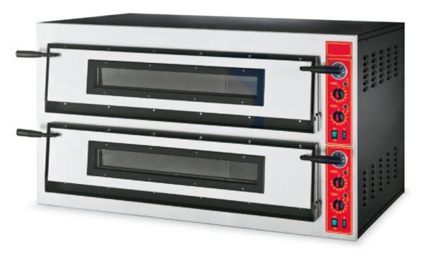 FORNO PIZZA elettrico, piano di cottura in pietra refrattaria, termostati meccanici indipendenti per cielo e platea 50÷500 °C, 2 camere cm.108x72x14h con capacità 6+6 pizze Ø36cm.