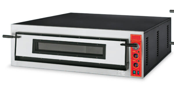 FORNO PIZZA elettrico, piano di cottura in pietra refrattaria, termostati meccanici indipendenti per cielo e platea 50÷500 °C, camera cm.108x108x14h con capacità 9 pizze Ø36cm.