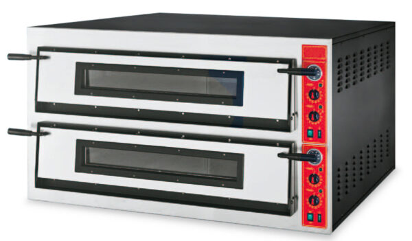 FORNO PIZZA elettrico, piano di cottura in pietra refrattaria, termostati meccanici indipendenti per cielo e platea 50÷500 °C, 2 camere cm.108x108x14h con capacità 9+9 pizze Ø36cm.