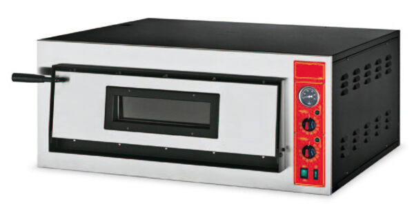 FORNO PIZZA elettrico, piano di cottura in pietra refrattaria, termostati meccanici indipendenti per cielo e platea 50÷500 °C, 1 camera cm.72x72x14h con capacità 4 pizze Ø36cm.