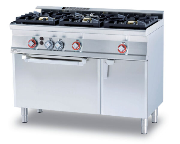 cucina a gas 3 fuochi Forno a gas statico con grill cm. 67x38x34h, temp: 125÷275°C, con 1 griglia cm.65x36, vano neutro con porta.