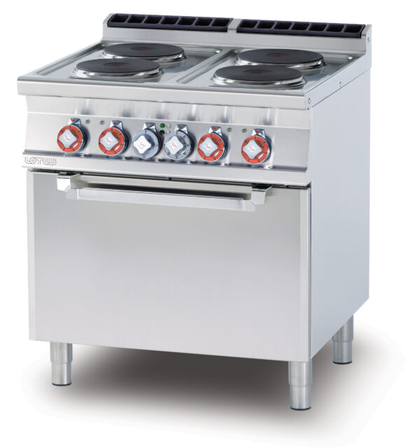 CUCINA 4 piastre - Forno elettrico statico cm. 67x55x34h, temp: 50÷300°C, con 1 griglia cm.65x53 GN2/1 (inclusa 1 testata chiusura piano mod.TPA-7)