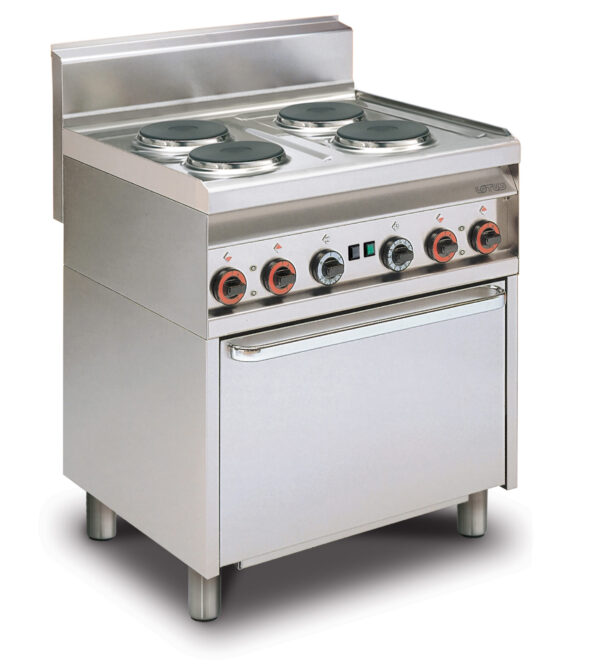 CUCINA ELETTRICA CON 4 PIASTRE Forno elettrico multifunzione camera cm. 64x37x35h, temp: 50÷250°C, con 1 griglia cm.53x32,5 GN1/1 - Porta vetro