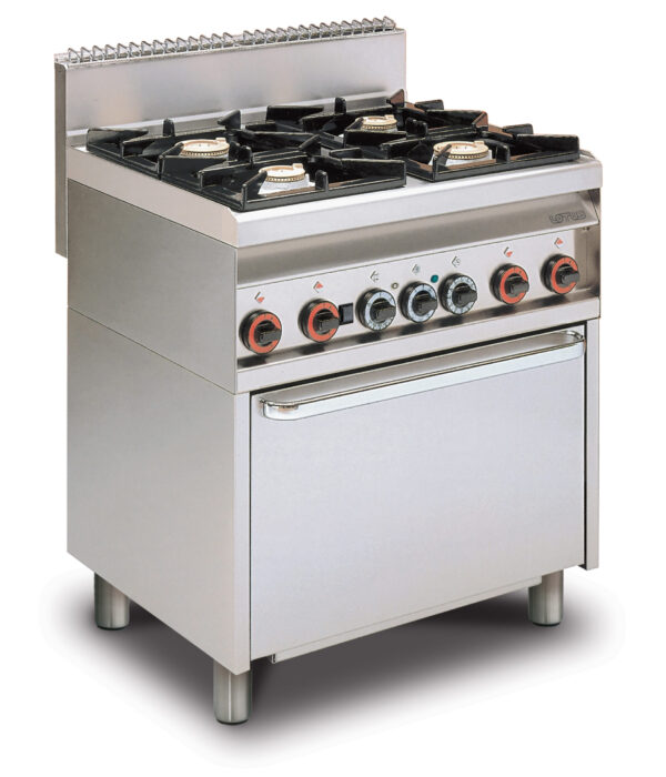 CUCINA MISTA 4 FUOCHI CON Forno elettrico statico c/grill cm. 64x42x35h, temp: 50÷250°C, con 1 griglia cm.53x32,5 GN1/1 - Porta vetro