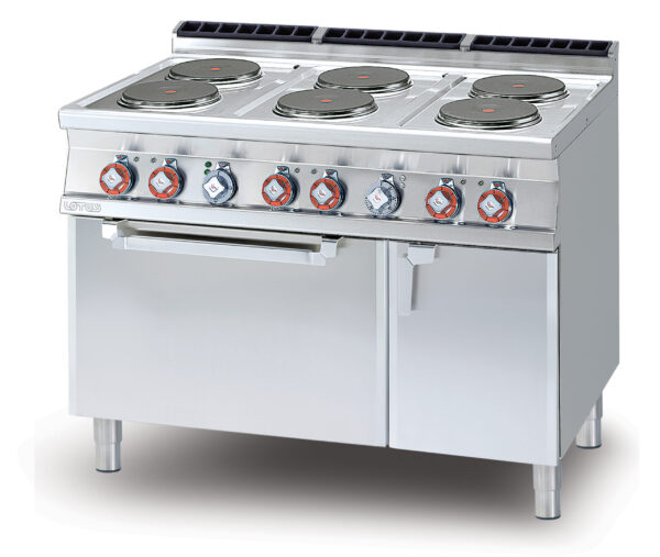 CUCINA 6 piastre - Forno elettrico statico cm. 67x55x34h, temp: 50÷300°C, con 1 griglia cm.65x53 GN2/1 - Vano neutro con porta (inclusa 1 testata chiusura piano mod.TPA-7)