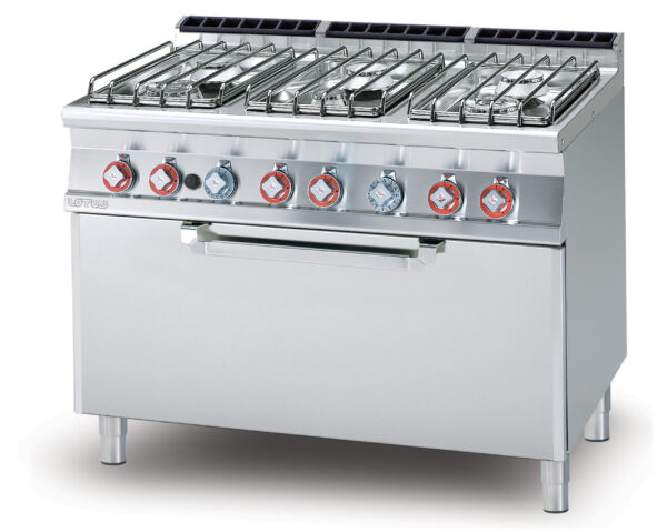 CUCINA 6 fuochi Forno a gas statico cm. 107x55x34h, temp: 150÷300°C, con 1 griglia cm.105x53 (inclusa 1 testata chiusura piano mod.TPA-7)