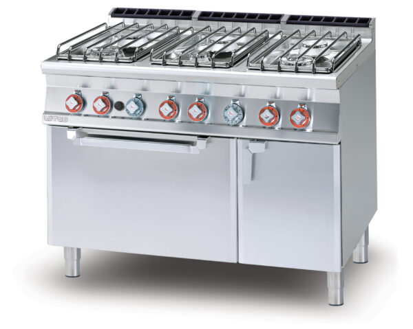 CUCINA 6 fuochi - Forno elettrico statico cm. 67x55x34h, temp: 50÷300°C, con 1 griglia cm.65x53 GN2/1 - Vano neutro con porta (inclusa 1 testata chiusura piano mod.TPA-7)