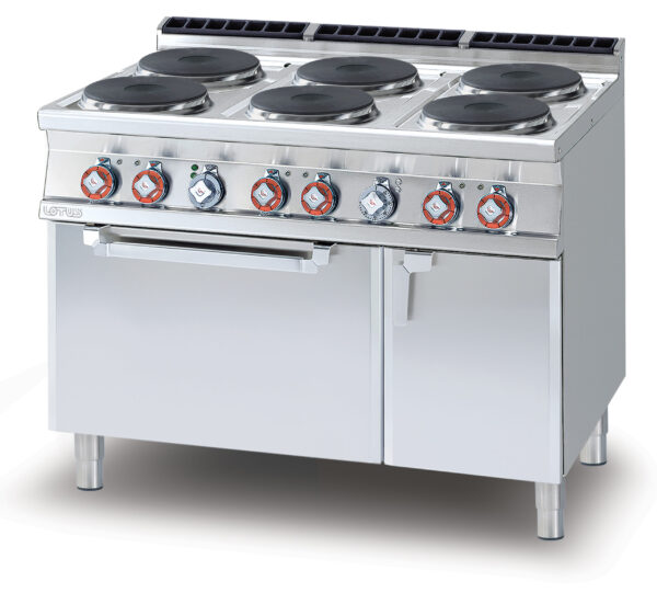 CUCINA 6 piastre - Forno elettrico statico cm. 67x73x34h, temp: 50÷300°C, con 1 griglia cm.65x71 GN2/1 - Vano neutro con porta (inclusa 1 testata chiusura piano mod.TPA-9)