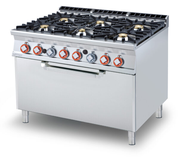 CUCINA 6 fuochi Forno a gas statico cm. 107x73x34h, temp: 150÷300°C, con 1 griglia cm.105x71 (inclusa 1 testata chiusura piano mod.TPC-9)