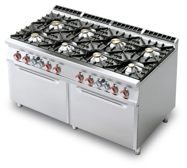 CUCINA 8 fuochi - 2 Forni gas statici cm. 67x73x34h, temp: 150÷300°C, con 2 griglie cm.65x71 GN2/1 (inclusa 1 testata chiusura piano mod.TPC-9)