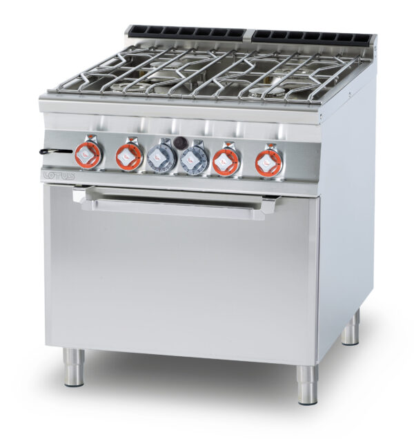 CUCINA ACQUA 4 fuochi - Forno a gas statico cm. 67x73x34h, temp: 150÷300°C, con 1 griglia cm.65x71 GN2/1 - Rubinetto carico acqua, sfioratore (inclusa 1 testata chiusura piano mod.TPA-9)