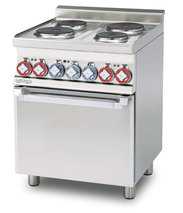 CUCINA ELETTRICA TRIFASE CON 4 PIASTRE Forno elettrico multifunzione camera cm. 46x37x35h, temp: 50÷250°C, con 1 griglia cm.41x32,5 - Porta vetro