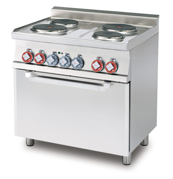 CUCINA ELETTRICA TRIFASE CON 4 PIASTRE Forno elettrico multifunzione camera cm. 64x37x35h, temp: 50÷250°C, con 1 griglia cm.53x32,5 GN1/1 - Porta vetro