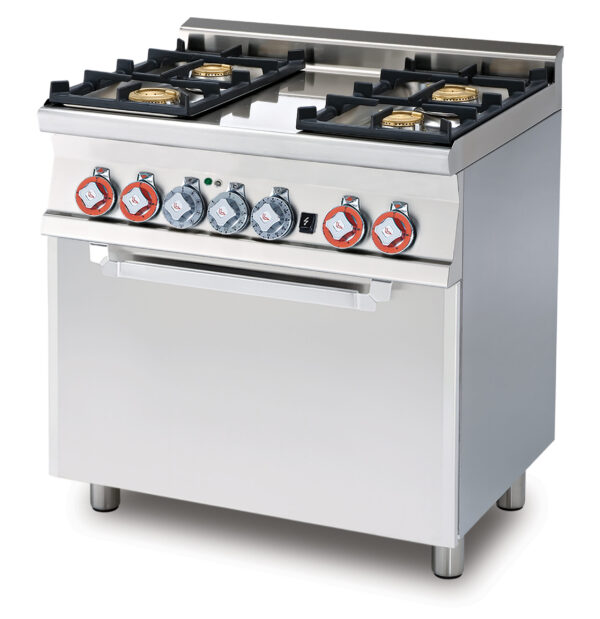 CUCINA MISTA 4 FUOCHI CON Forno elettrico statico con grill cm. 64x42x35h, temp: 50÷250°C, con 1 griglia cm.53x32,5 GN1/1 - Porta vetro