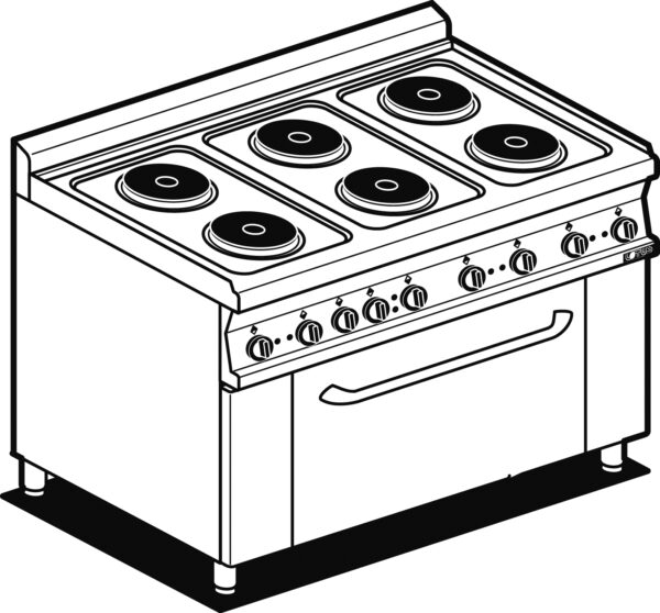 CUCINA ELETTRICA TRIFASE CON 6 PIASTRE Forno elettrico multifunzione camera cm. 64x37x35h, temp: 50÷250°C, con 1 griglia cm.53x32,5 GN1/1 - Porta vetro