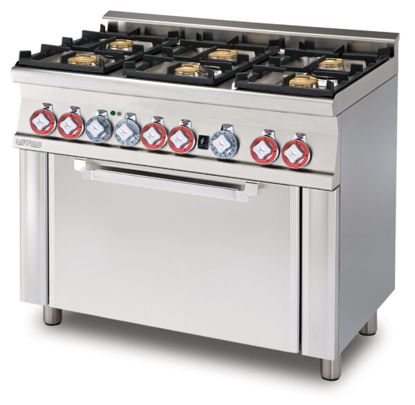 CUCINA MISTA 6 FUOCHI CON Forno elettrico statico con grill cm. 64x42x35h, temp: 50÷250°C, con 1 griglia cm.53x32,5 GN1/1 - Porta vetro
