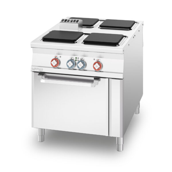 CUCINA ELETTRICA PASSANTE 4 piastre quadre - FORNO ELETTRICO PASSANTE statico cm. 55x98x34h, temp: 50÷300°C, con 1 griglia cm. 53x32,5 GN-1/1 e 1 griglia cm.53x65 GN-2/1 (inclusa 1 testata chiusura piano mod.TPA-11)