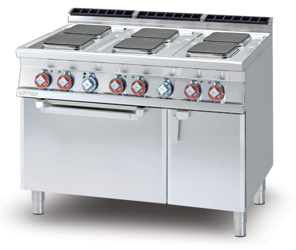 CUCINA 6 piastre quadre - Forno elettrico statico cm. 67x55x34h, temp: 50÷300°C, con 1 griglia cm.65x53 GN2/1 - Vano neutro con porta (inclusa 1 testata chiusura piano mod.TPA-7)