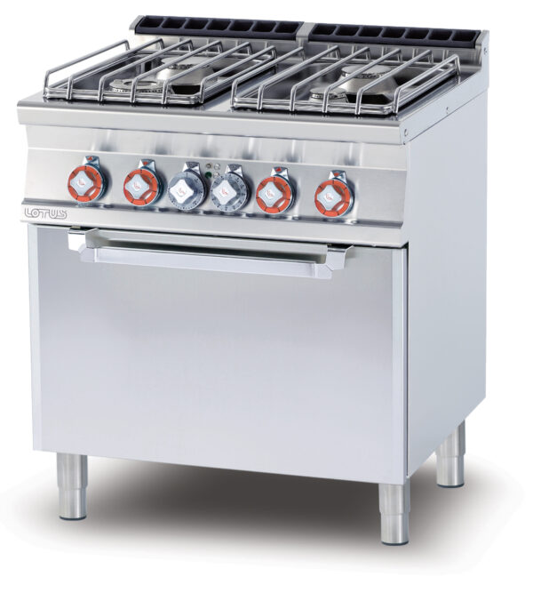 CUCINA 4 fuochi - Forno elettrico ventilato cm. 55x36x34h, temp: 50÷300°C, con 1 griglia cm.53x32,5 GN1/1 (inclusa 1 testata chiusura piano mod.TPA-7)