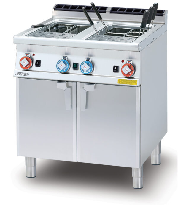 CUOCIPASTA GAS LT. 25+25 2 Vasche cm. 30,5x33,5x32,7h. Rubinetto carico acqua, sfioratore + scarico a pavimento (CESTI ESCLUSI) (inclusa 1 testata chiusura piano mod.TPA-7)