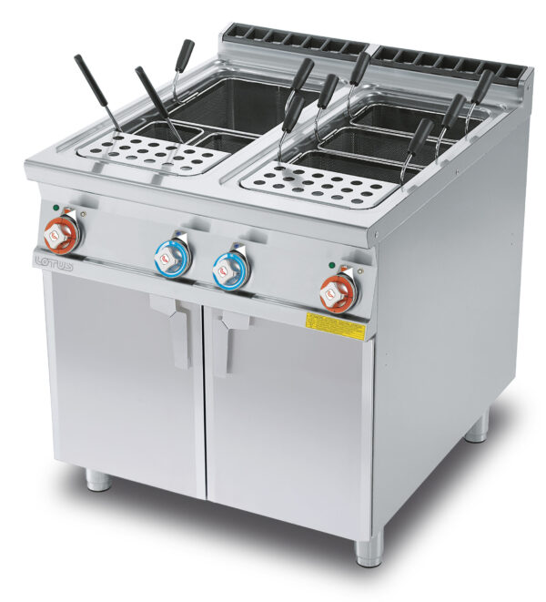 CUOCIPASTA TRIFASE LT. 40+40 2 Vasche cm. 30,7x50,9x32,7h. Rubinetto carico acqua, sfioratore + scarico a pavimento  (CESTI ESCLUSI) (inclusa 1 testata chiusura piano mod.TPA-9)