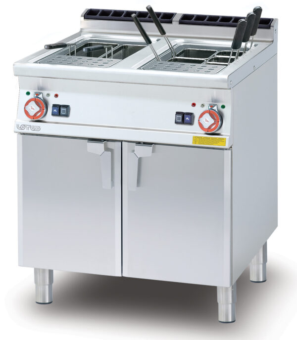 CUOCIPASTA TRIFASE LT. 25+25 2 Vasche cm. 30,5x33,5x30h. Carico acqua automatico con sensore di livello - sfioratore + scarico a pavimento (CESTI ESCLUSI) (inclusa 1 testata chiusura piano mod.TPA-7)