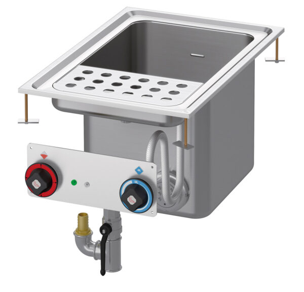 CUOCIPASTA TRIFASE LT. 25 Vasca cm. 30,5x33,5x32,7h. Rubinetto carico acqua, sfioratore + scarico a pavimento. (CESTI ESCLUSI)