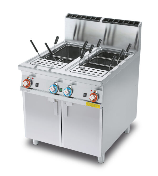 CUOCIPASTA GAS POTENZIATO LT. 40+40 2 Vasche cm. 30,7x50,9x32,7h. Rubinetto carico acqua, sfioratore + scarico a pavimento (CESTI ESCLUSI) (incluse entrambe le testate chiusura piano)