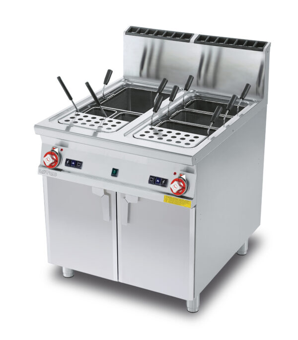 CUOCIPASTA GAS POTENZIATO LT. 40+40 2 Vasche cm. 30,7x50,9x32,7h. Carico acqua automatico con sensore di livello - sfioratore + scarico a pavimento (CESTI ESCLUSI) (incluse entrambe le testate chiusura piano)