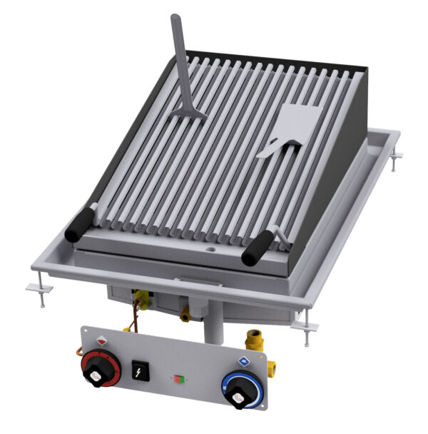 GRIGLIA GAS-PIETRALAVICA, Griglia in acciaio inox cm. 38x52 regolabile. Accensione elettrica, indicatore presenza fiamma pilota, canala perimetrale allagabile, scarico con filtro removibile.