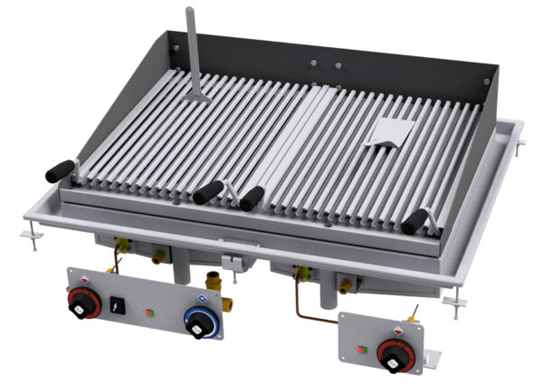 GRIGLIA GAS-PIETRALAVICA, N. 2 griglie in acciaio inox cm. 38x52 regolabili, 2 zone di cottura. Accensione elettrica, indicatore presenza fiamma pilota, canala perimetrale allagabile, scarico con filtro removibile.