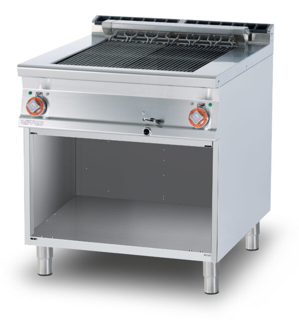 GRIGLIA CONTACT SU MOBILE A GIORNO - cottura diretta su resistenza in acciaio inox cm. 55x63 ribaltabile -  2 zone di cottura (inclusa 1 testata chiusura piano mod.TPA-9)