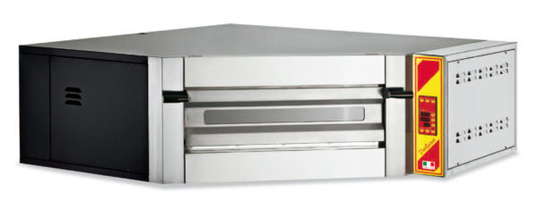 FORNO PIZZA AD ANGOLO elettrico, piano di cottura in pietra refrattaria, termoregolatori digitali indipendenti per cielo e platea 50÷500 °C, 1 camera cm.108/60x108/60x16h con capacità 7 pizze Ø36cm.