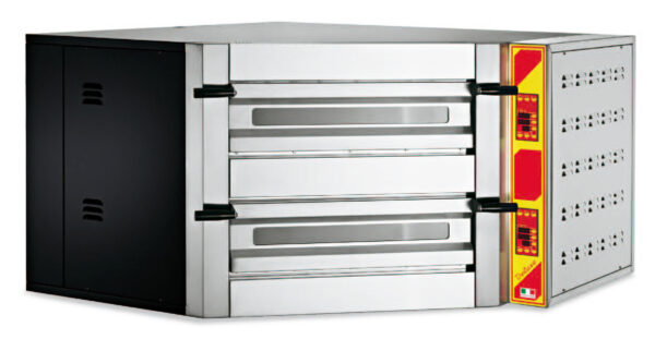 FORNO PIZZA AD ANGOLO elettrico, piano di cottura in pietra refrattaria, controllo con termoregolatori digitali indipendenti per cielo e platea 50÷500 °C, 2 camere cm.108/60x108/60x16h con capacità 7+7 pizze Ø36cm.