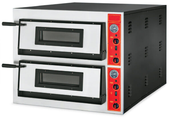 FORNO PIZZA elettrico, piano di cottura in pietra refrattaria, termostati meccanici indipendenti per cielo e platea 50÷500 °C, 2 camere cm.61x91,5x14h con capacità 6+6 pizze Ø30cm.