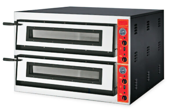 FORNO PIZZA elettrico, piano di cottura in pietra refrattaria, termostati meccanici indipendenti per cielo e platea 50÷500 °C, 2 camere cm.91x91,5x14h con capacità 9+9 pizze Ø30cm.