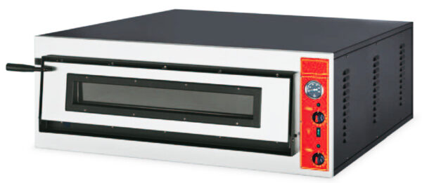 FORNO PIZZA elettrico, piano di cottura in pietra refrattaria, termostati meccanici indipendenti per cielo e platea 50÷500 °C, camera cm.91x91,5x14h con capacità 9 pizze Ø30cm.