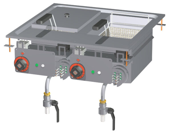 FRIGGITRICE TRIFASE LT. 10+10 2 Vasche cm. 22x35x23h - 2 cesti cm. 20x30x10h - Filtro e coperchio vasca. Produzione patate: 20 kg/h