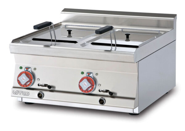 Friggitrice elettrica trifase - Vasche Lt. 10+10 cm. 22x35x23h Con filtro e coperchio - N. 2 cesti cm. 20x30x10h Produzione patate 20 kg/h