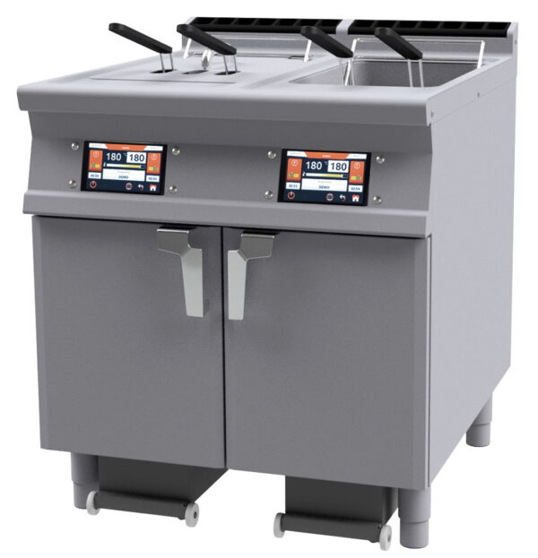 FRIGGITRICE ELETTRICA ELETTRONICA con TouchScreen 7". Conservazione a 110 °C o Prelavoro a 160 °C con o senza Melting. Possibilità di inserire in memoria fino a 100 programmi. Sensore presenza e livello massimo olio. 2 vasche 18 litri cm.31x34x33h - 4 ces