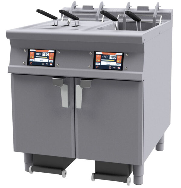 FRIGGITRICE ELETTRICA ELETTRONICA con TouchScreen 7". Conservazione a 110 °C o Prelavoro a 160 °C con o senza Melting. Possibilità di inserire in memoria fino a 100 programmi. Sensore presenza e livello massimo olio. 2 pompe filtraggio olio a caldo max 18