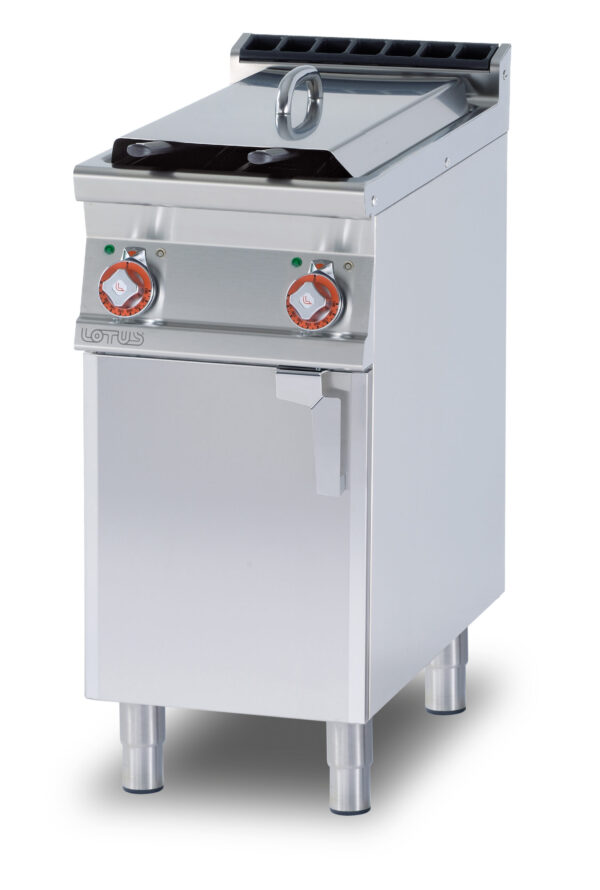 FRIGGITRICE TRIFASE LT. 8+8 2 Vasche cm. 14,8x35x32,7h 2 cesti cm. 12x30x15h - Filtro e coperchio vasca. Produzione patate: 12 kg/h (bacinella raccogliolio esclusa, vedi mod: BF30) (inclusa 1 testata chiusura piano mod.TPA-9)