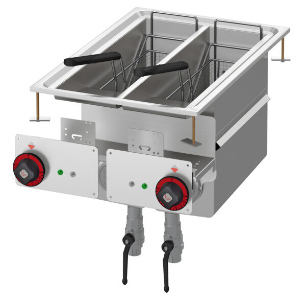 FRIGGITRICE TRIFASE LT. 8+8 2 Vasche cm. 14,8x35x32,7h - 2 cesti cm. 12x30x15h - Filtro e coperchio vasca. Produzione patate: 12 kg/h